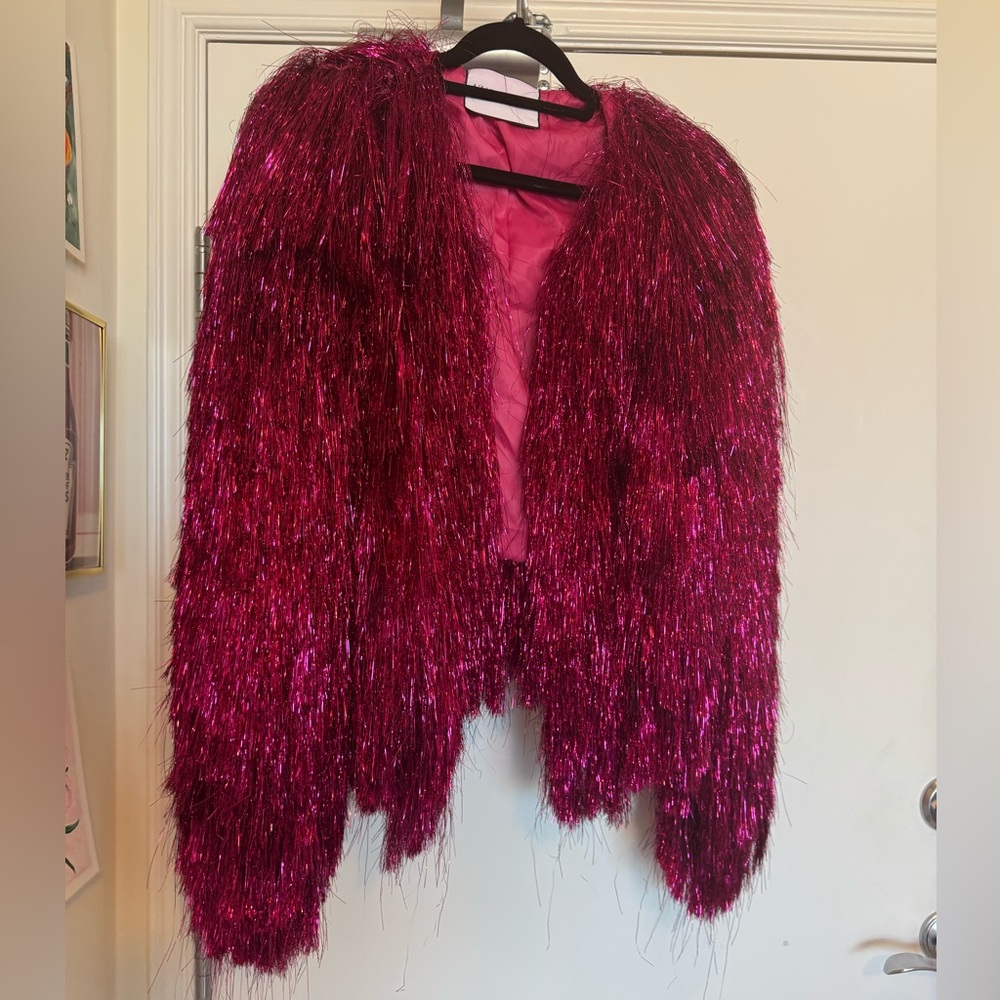 Azalea Wang “Taylor Swift Karma” Vibrant Pink Fringe Tinsel Jacket L/XL
